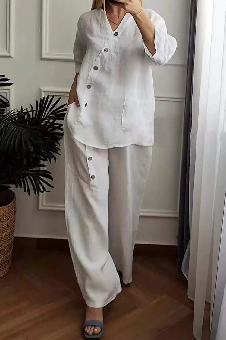 Women's 2024 Casual Cotton Linen 2Piece Set Mid Sleeve V-Neck Front Pocket Top and Wide Leg Pants