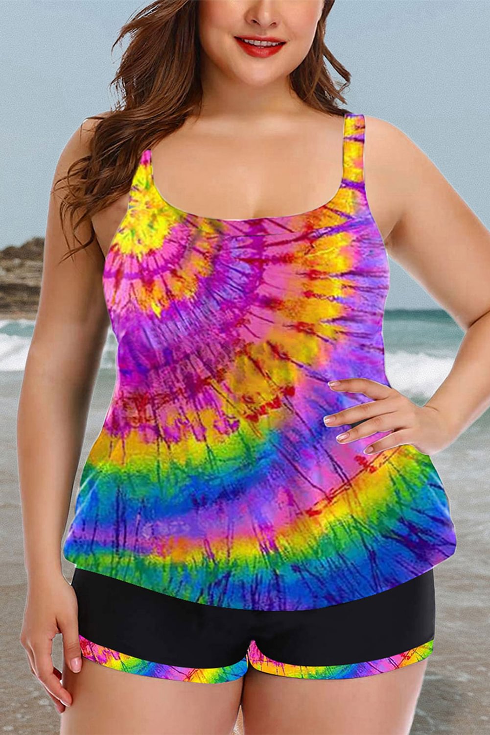 Women's Plus Size Rainbow Swirl Tie Dye Tankini with Shorts Square Neck
