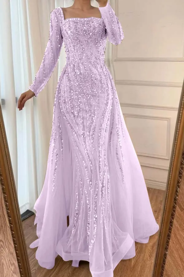 Square Neck Elegant Sequins Applique Long Sleeves Prom Dress With Train｜Acodress WQ0442 