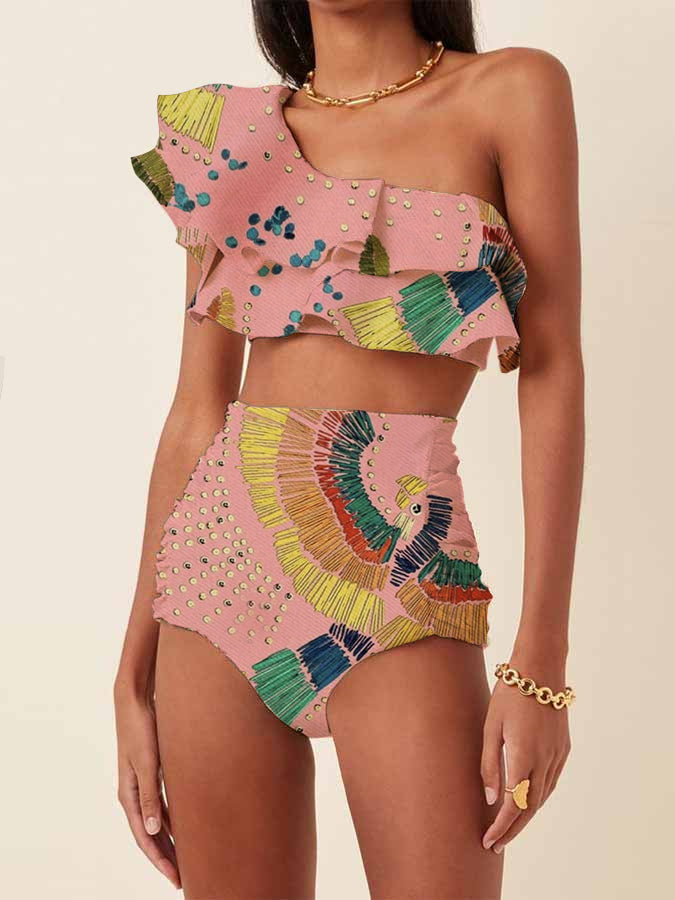 One-Shoulder Embroidered Printed Ruffled Swimsuit