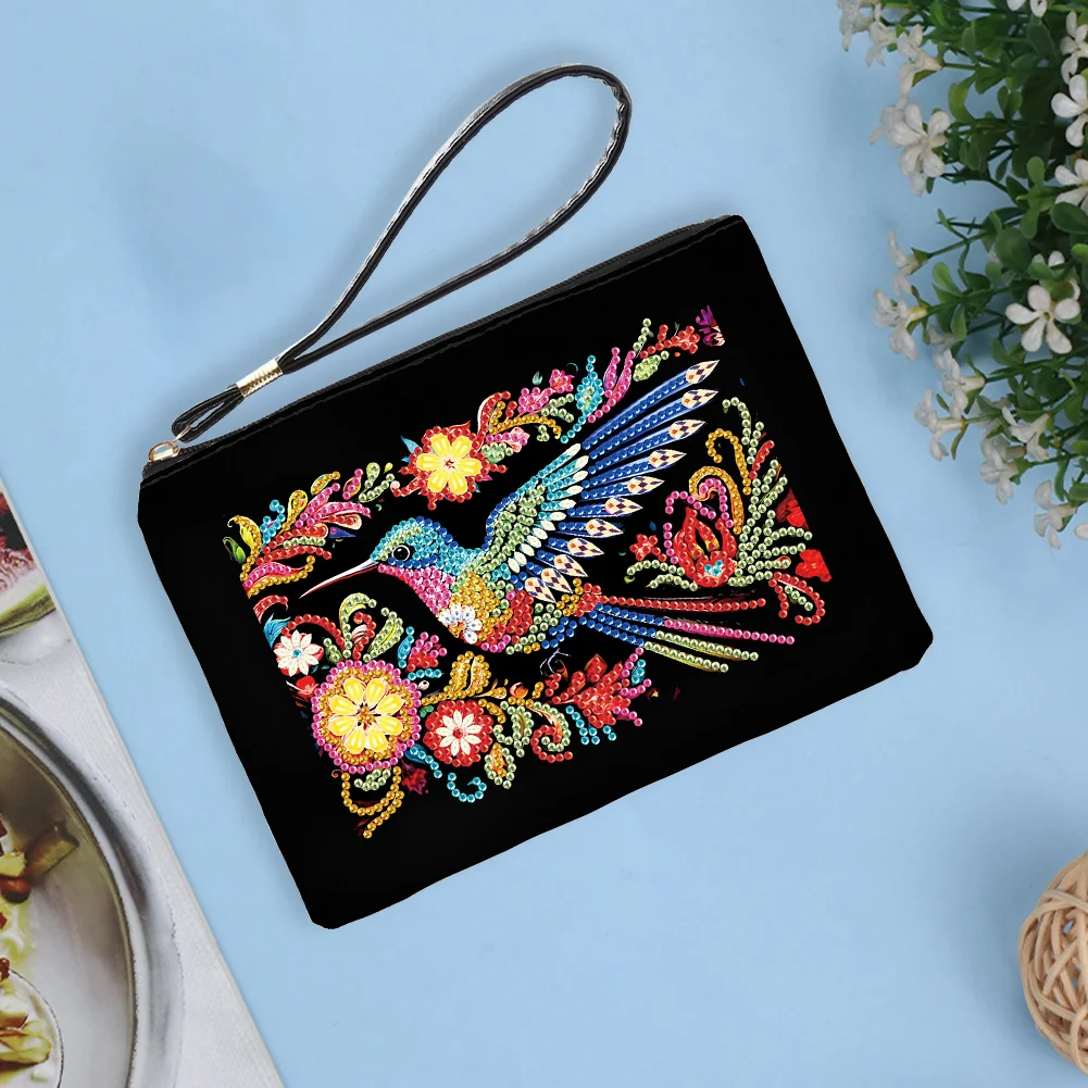 DIY Hummingbird PU Partial Special Shaped Diamond Painting Wallet Makeup Bag