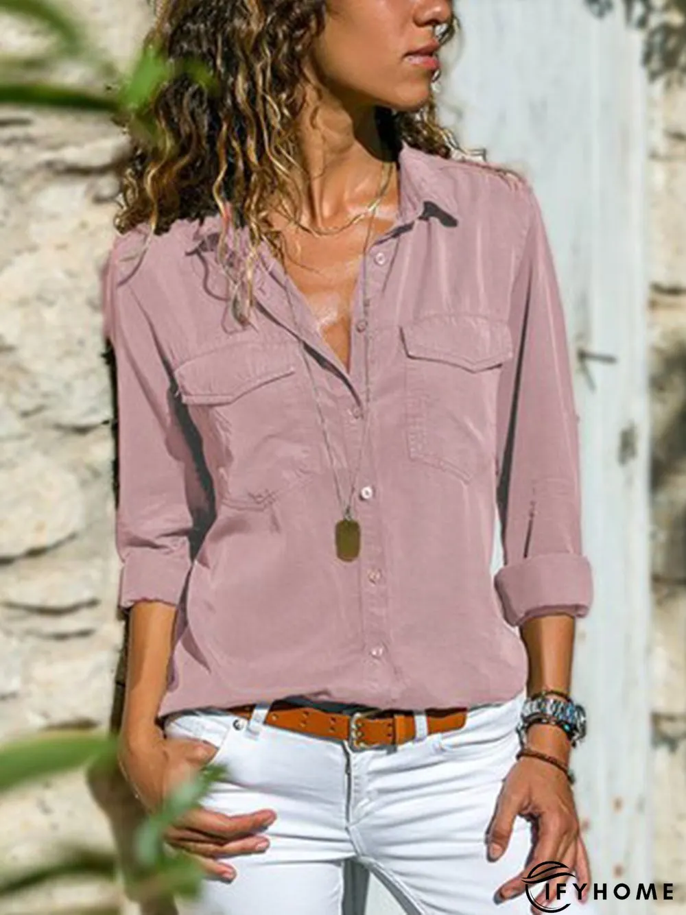 Women Fashion Turn Down Collar Solid  V Neck Long Sleeve Blouse | IFYHOME