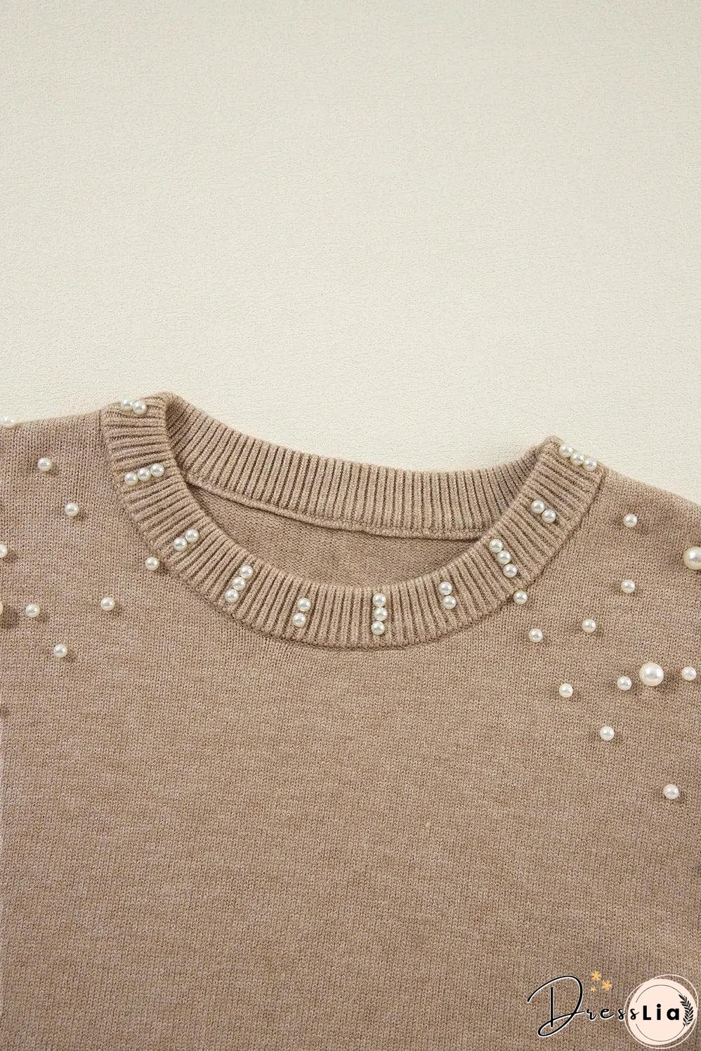 Smoke Gray Pearled Drop Shoulder Round Neck Sweater