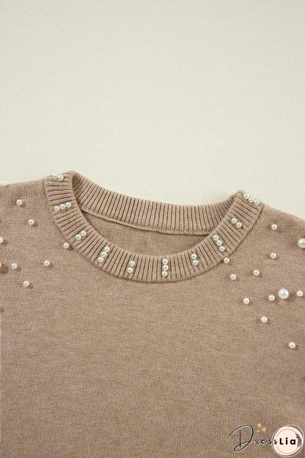 Smoke Gray Pearled Drop Shoulder Round Neck Sweater