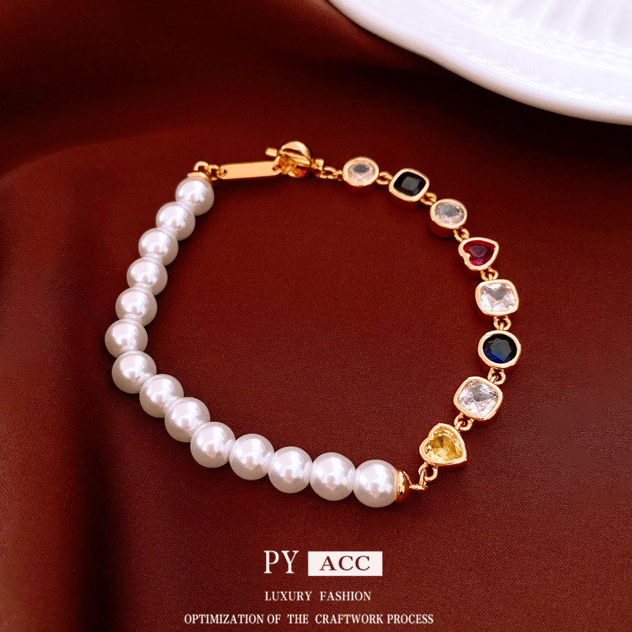 18K gold plated pearl beaded heart pendant bracelet vintage style versatile and retro jewelry for women