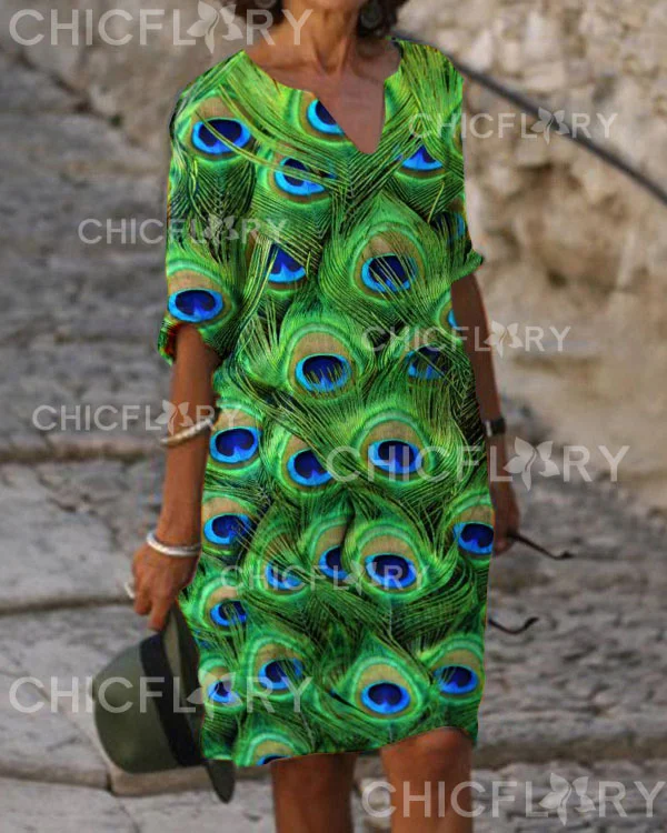Casual V-Neck Mid Length Peacock Dress