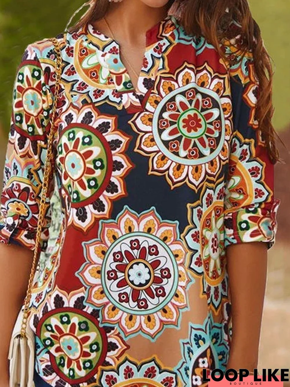 Fit Cotton-Blend Boho Printed Tunic Blouse