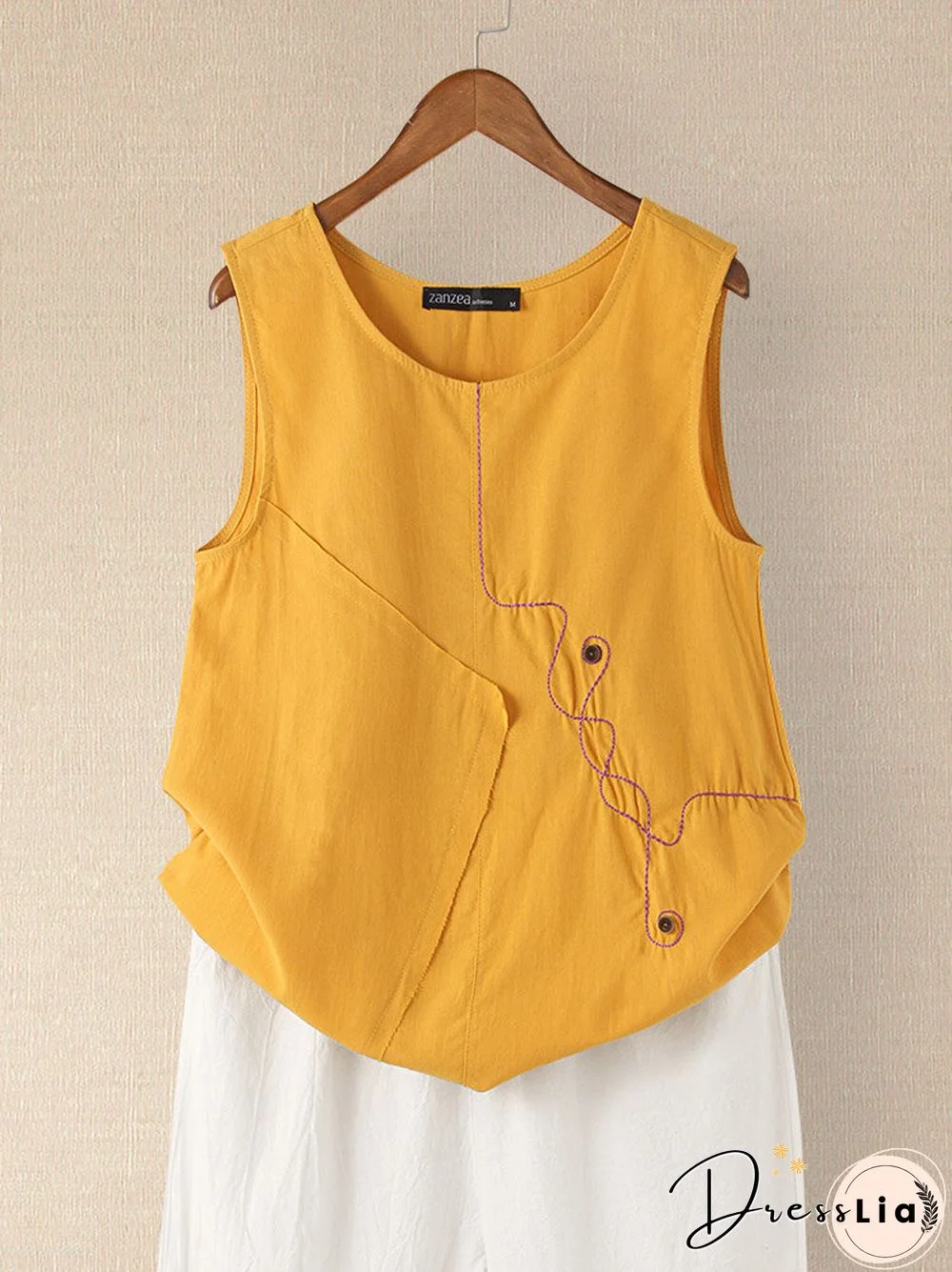 Button Embroidery O-neck Sleeveless Patchwork Vintage Tank Top