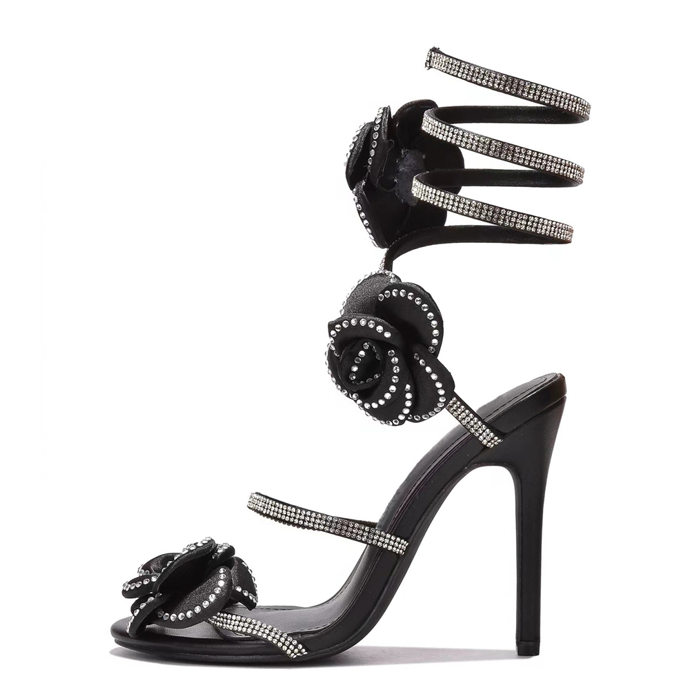 GOOSHOE Diamonds Silk Flowers Ankle Wrap Cross Straps Women's Shoes High Heels Dress Sandals Round Open Toe Stiletto