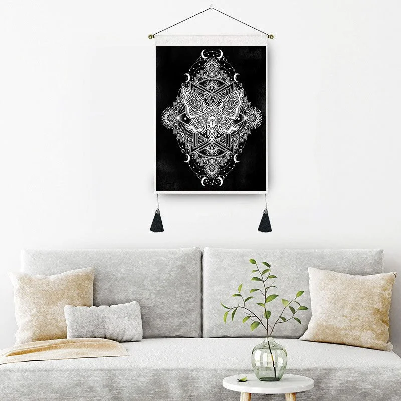 Black Canvas Hand Phase Tapestry Home Decor Macrame Bedroom Art Butterfly Wall Hanging Tassel Tapestries Art Background Cloth