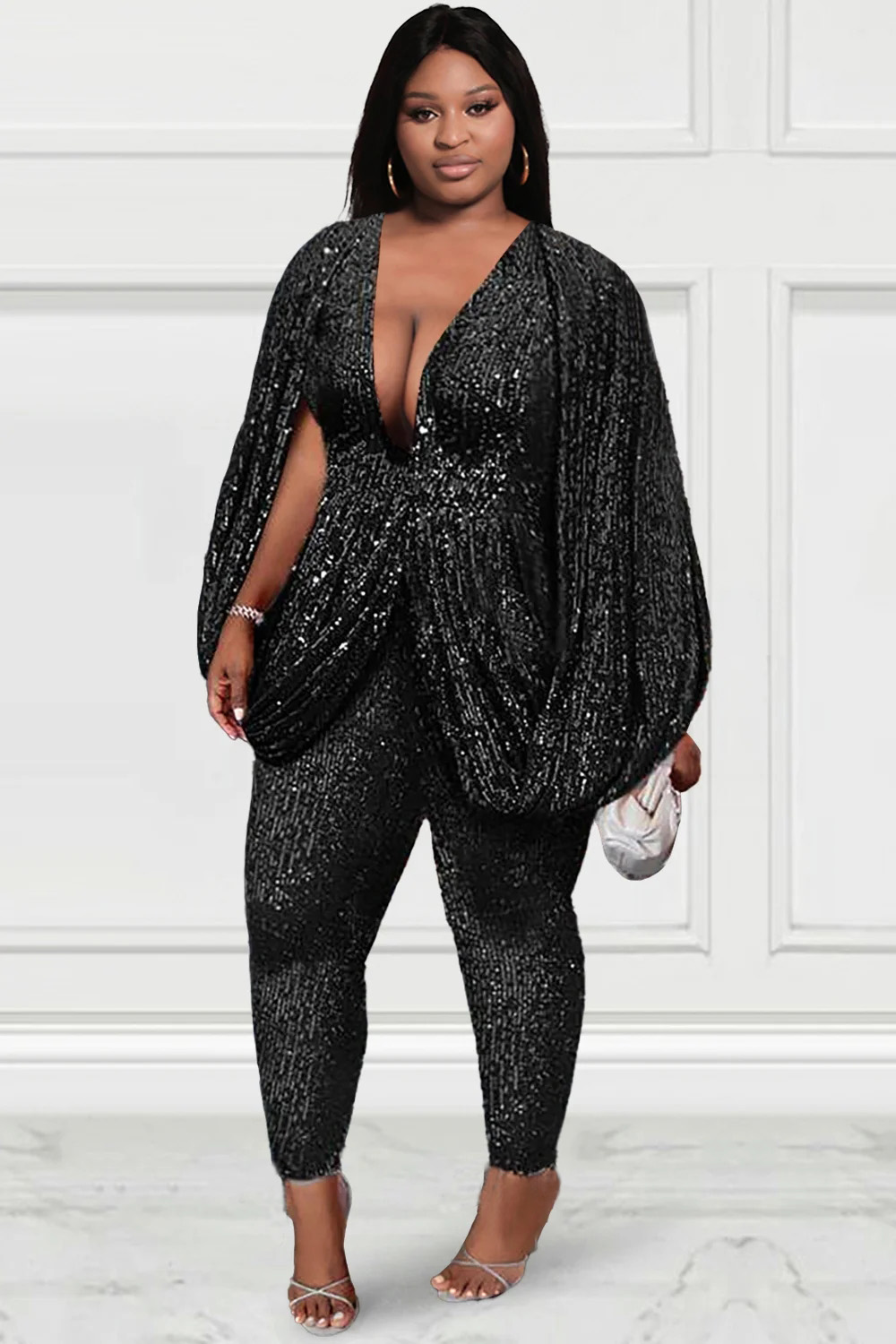 Design Plus Size Party Jumpsuit Black Sequin Legging V Neck Sequin Jumpsuit