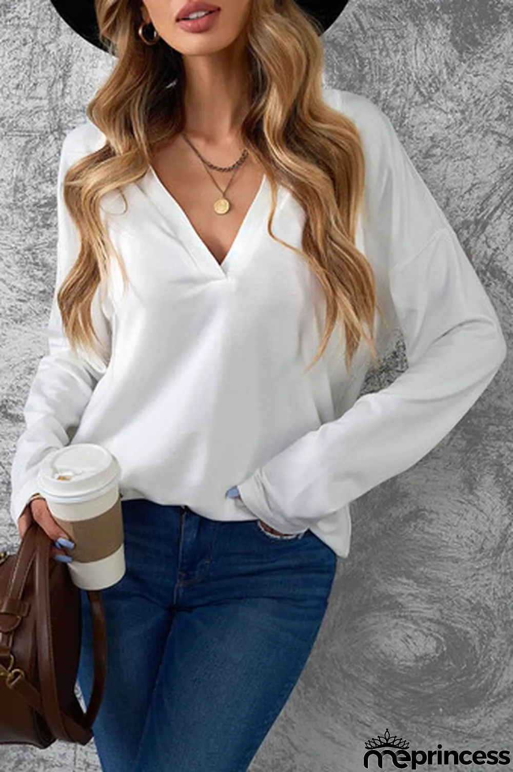 White Turn-down V Neck Long Sleeve Top