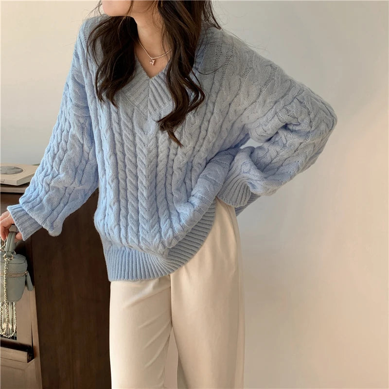 Solid Sweater Women Korean Fashion V Neck Knitted Pullovers Pink Long Sleeve Knitwear Winter Streetwear Casual Jumpers Tops New Aiertu
