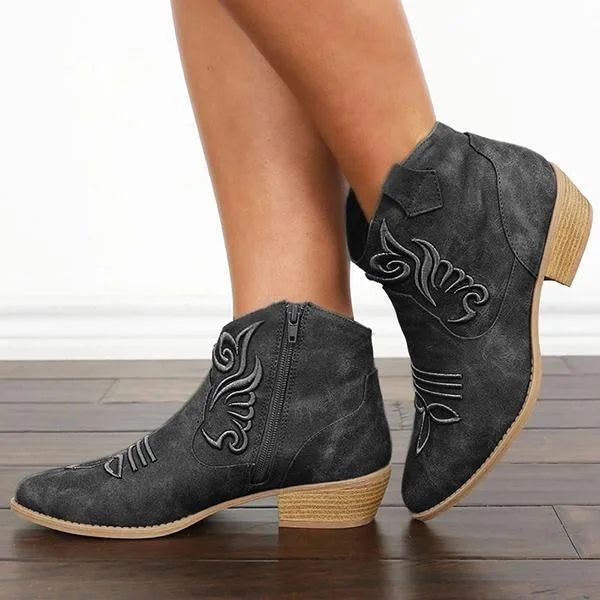 Embroidery Zipper Vintage Round Toe Boots