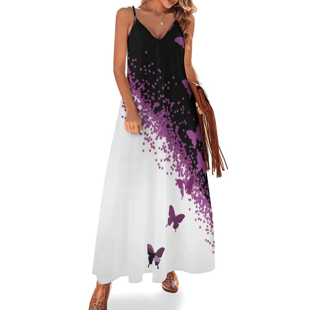 Style & Comfort for Mature Women Plus Size Printed Sling Casual Women Maxi Dress in Pattern Butterfly, Purple, Black