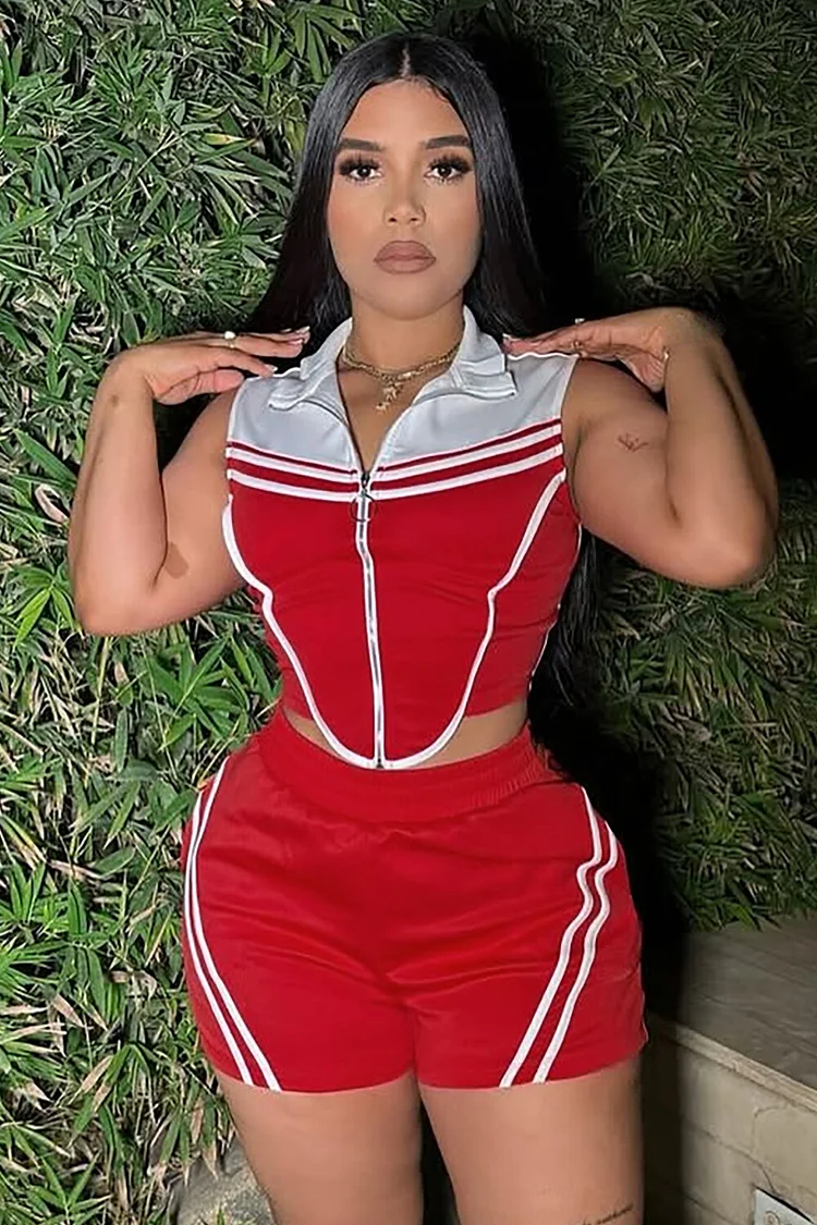 Turndown Collar Colorblock Sleeveless Top Striped Shorts 2pcs Set-Red