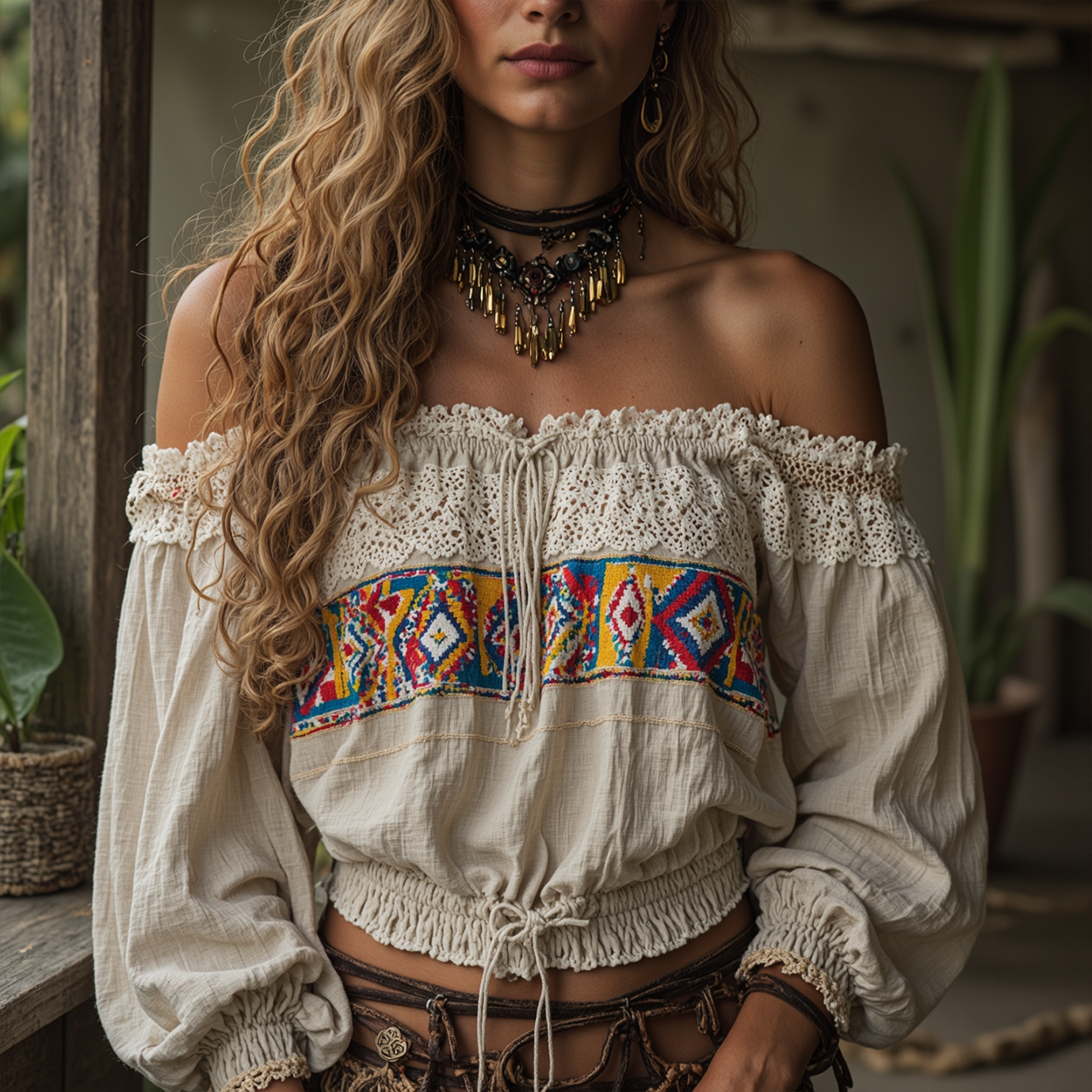 Women's Bohemian Embroidered Off-Shoulder Top