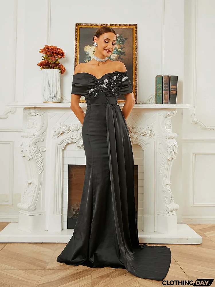 Strapless Off Shoulder Backless Mermaid Pleated Ribbon Evening Dress RM20468