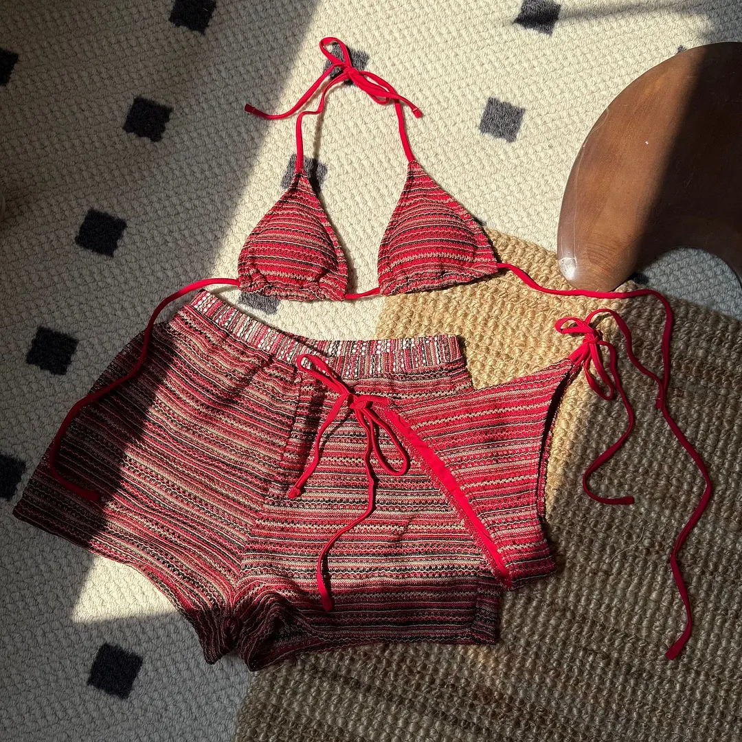 Churchf 2025 New Sexy Hanging Neck Bikini Knitted Beach Shorts Three-Piece Set Swimsuit Bikini