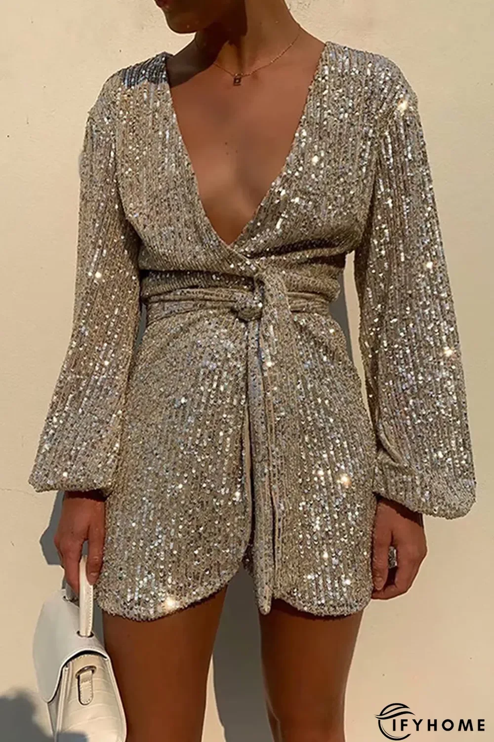 Fashion Elegant Solid Sequins With Belt V Neck Dresses | IFYHOME