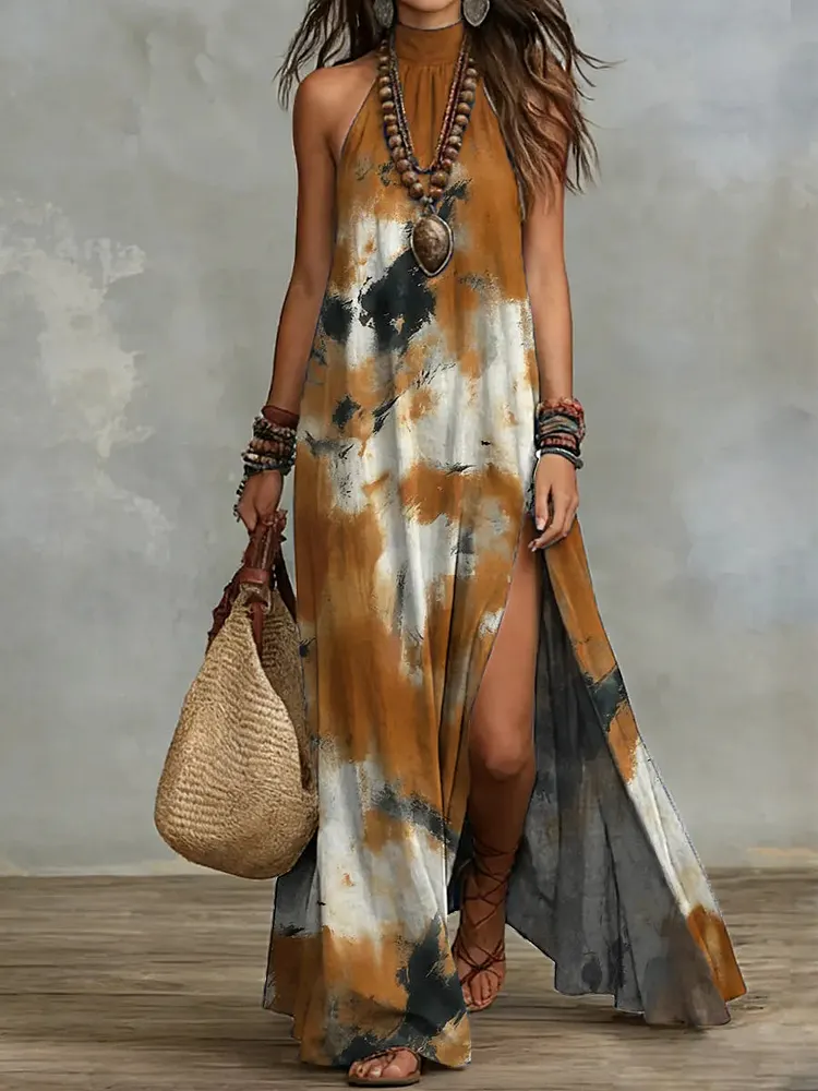 Women's Retro Art Print Casual Stylish Cotton Maxi Dress