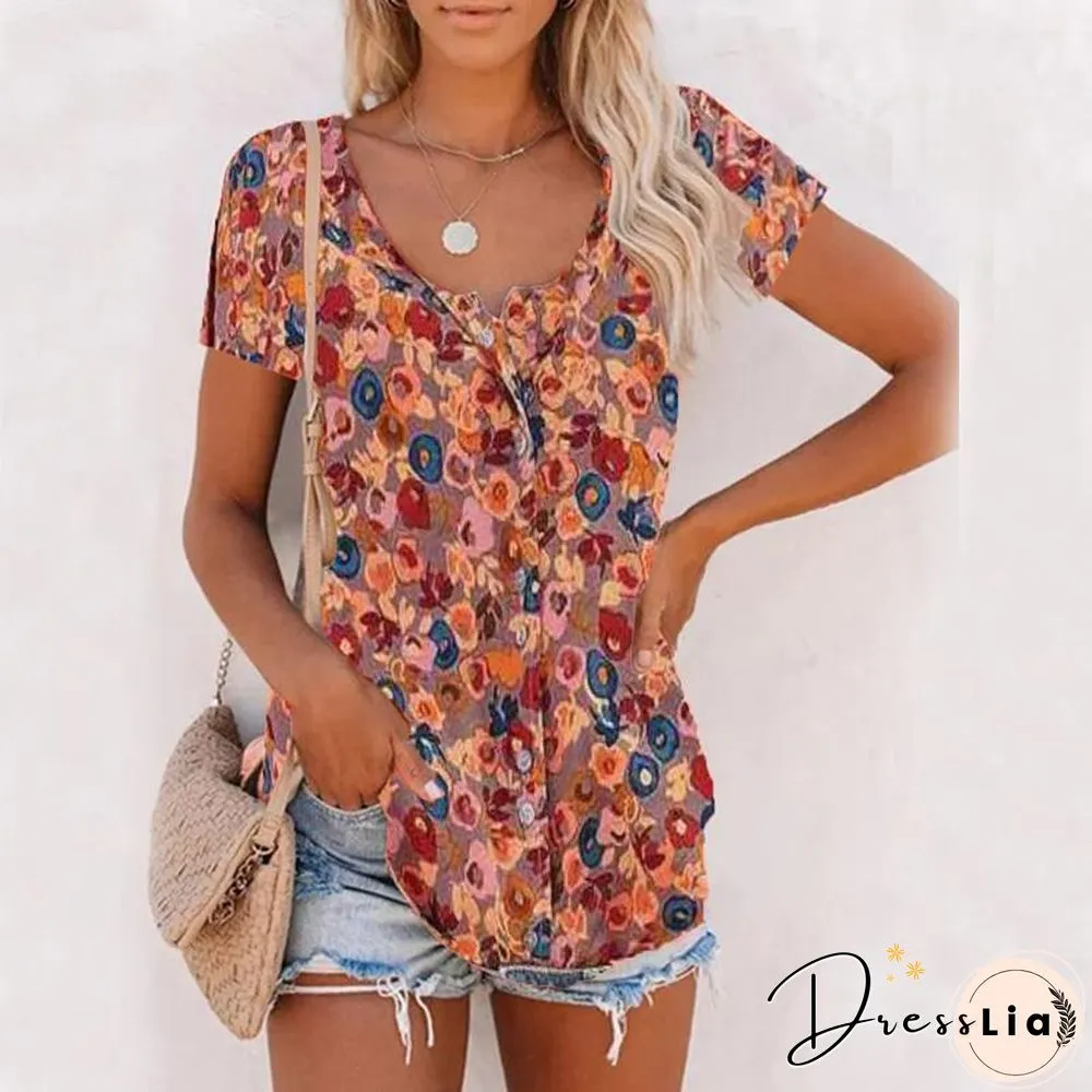 Short Sleeve Vintage Printed Chiffon T-Shirt
