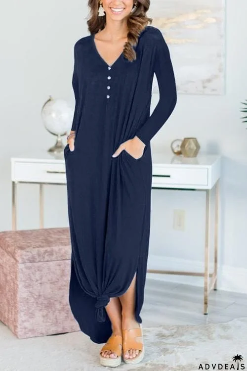 Button Side Slit Long Sleeve Maxi Dress