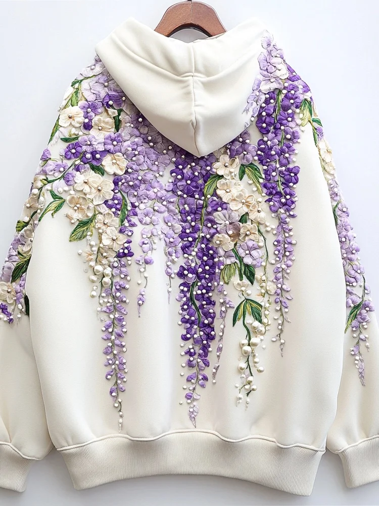 Women's Purple Floral Beaded Embroidered Cozy Hoodie
