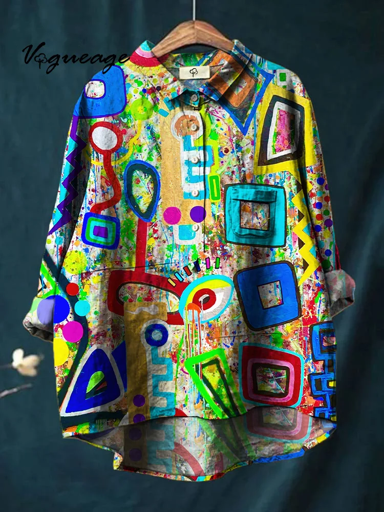 Exaggerated Bright And Comfortable Painted Prints Cotton And Linen Shirt