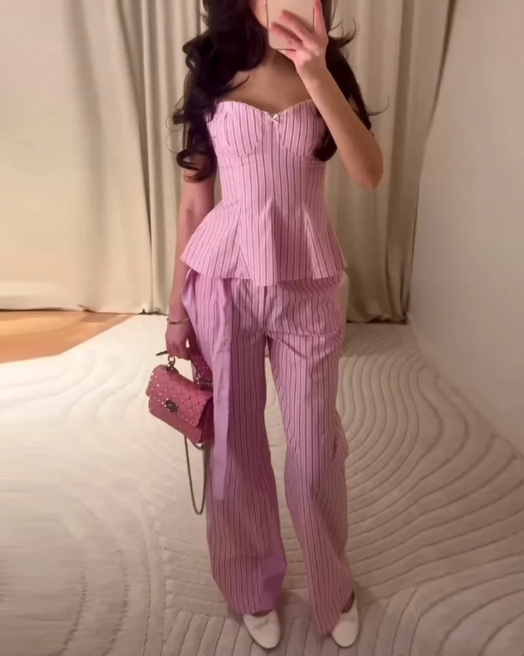 Sleeveless striped tube top two piece suit