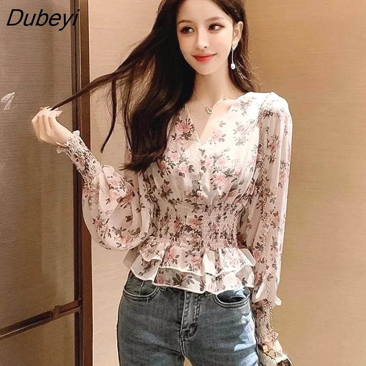 Dubeyi / Long Sleeve Floral Print Chiffon Shirt Female Pleated Waist Slimming Lantern Sleeve Single-breasted Blouses Women Spring