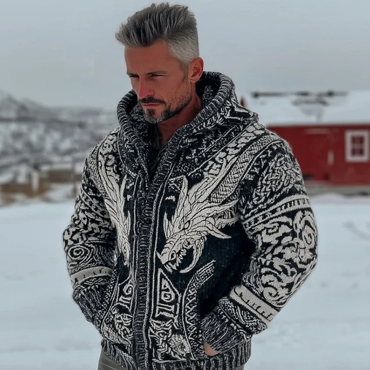 Men's Retro Celtic Dragon Pattern Comfortable Hooded Cardigan Knit Sweater