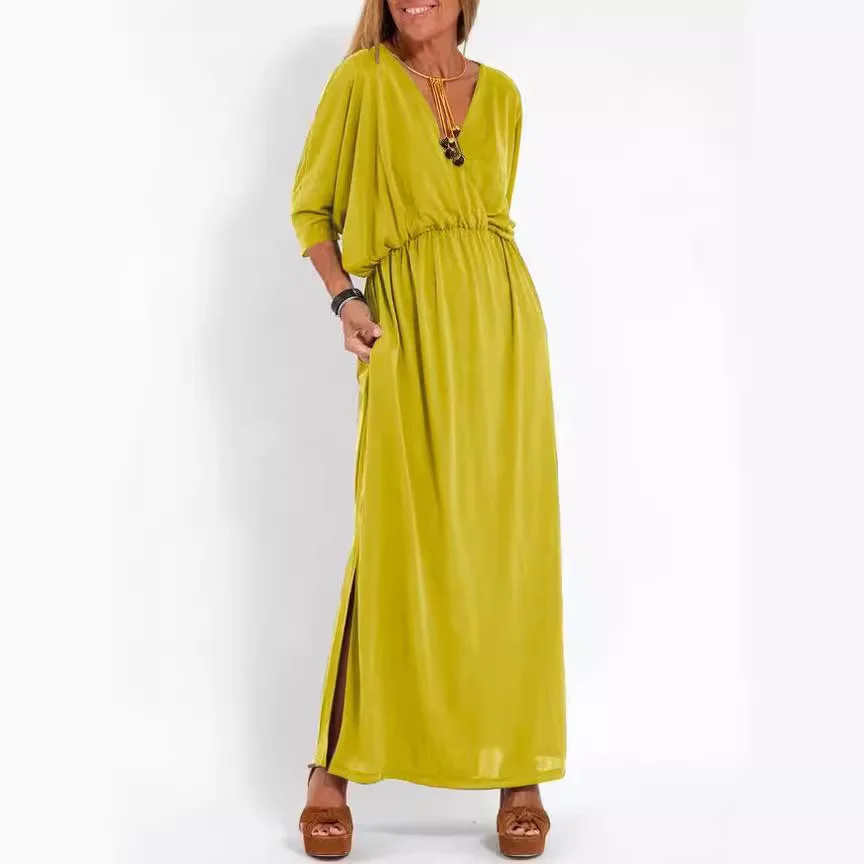 Nigikala Nigikala Summer 2025 Fashion Solid Color High Waist Open Fork Short Sleeve Dress