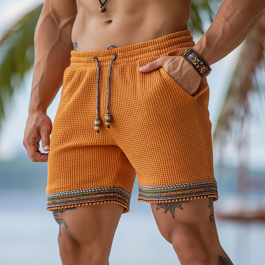 Men's Waffle Weave Summer Shorts With Ethnic Trim Design-INSPIREUSE