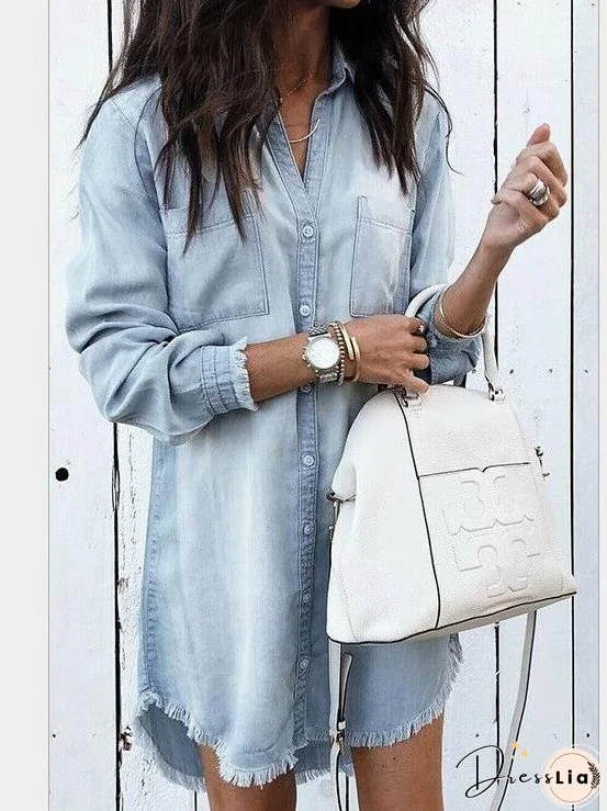 Pocket Button Long Sleeve Fringed Denim Blouse