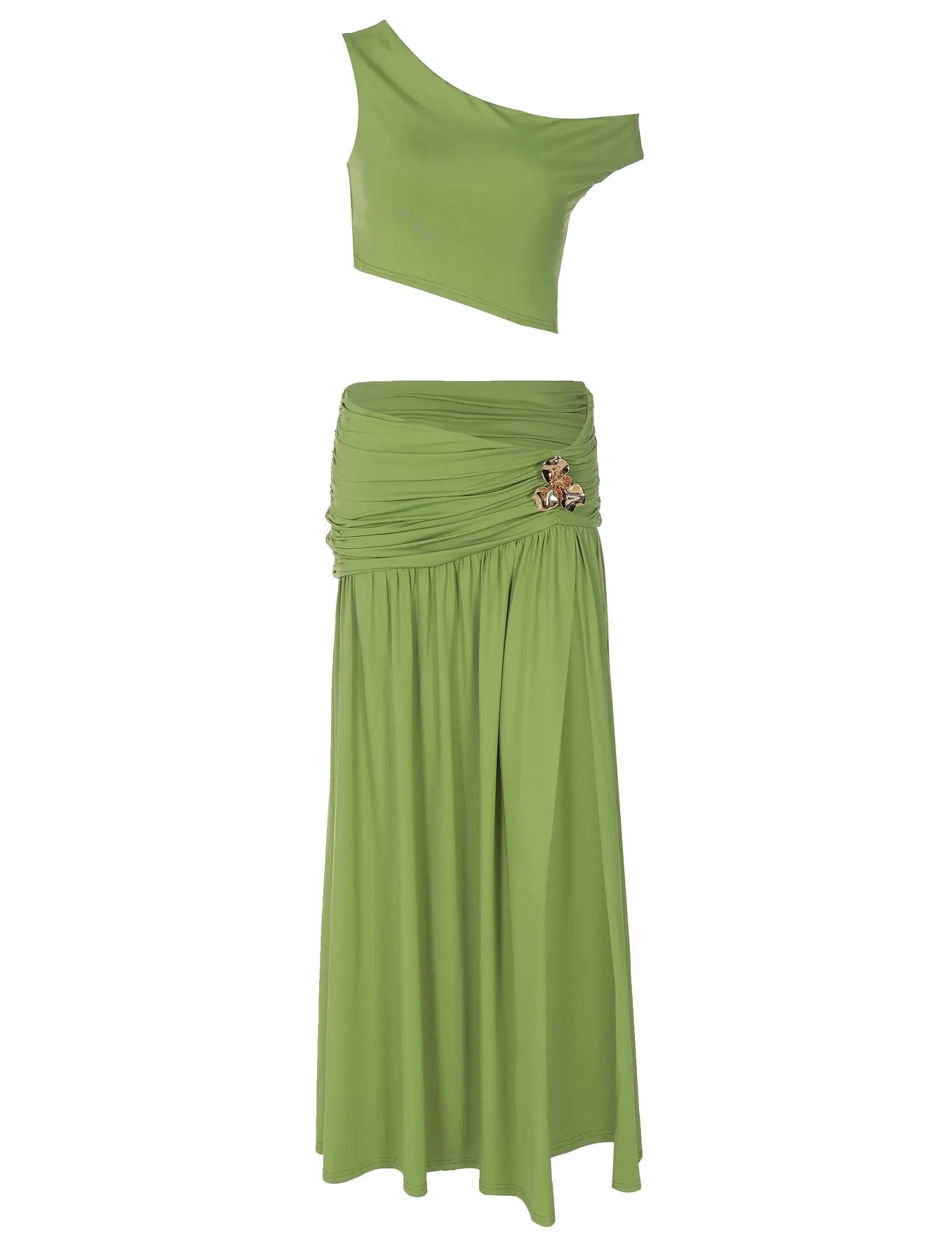 Women's Two-piece Solid Color One Shoulder Sleeveless Tank Top Bodycon Side Split Metal Flower Stitched Ruched Long Skirt Sets, Strapless Backless Irregular Hem Tube Tops with Pleated Slit Skirts, Womenswear Clothes Women's Two-piece Solid Color One Shoulder Sleeveless Tank Top Bodycon Side Split Metal Flower Stitched Ruched Long Skirt Sets, Strapless Backless Irregular Hem Tube Tops with Pleated Slit Skirts, Womenswear Clothes