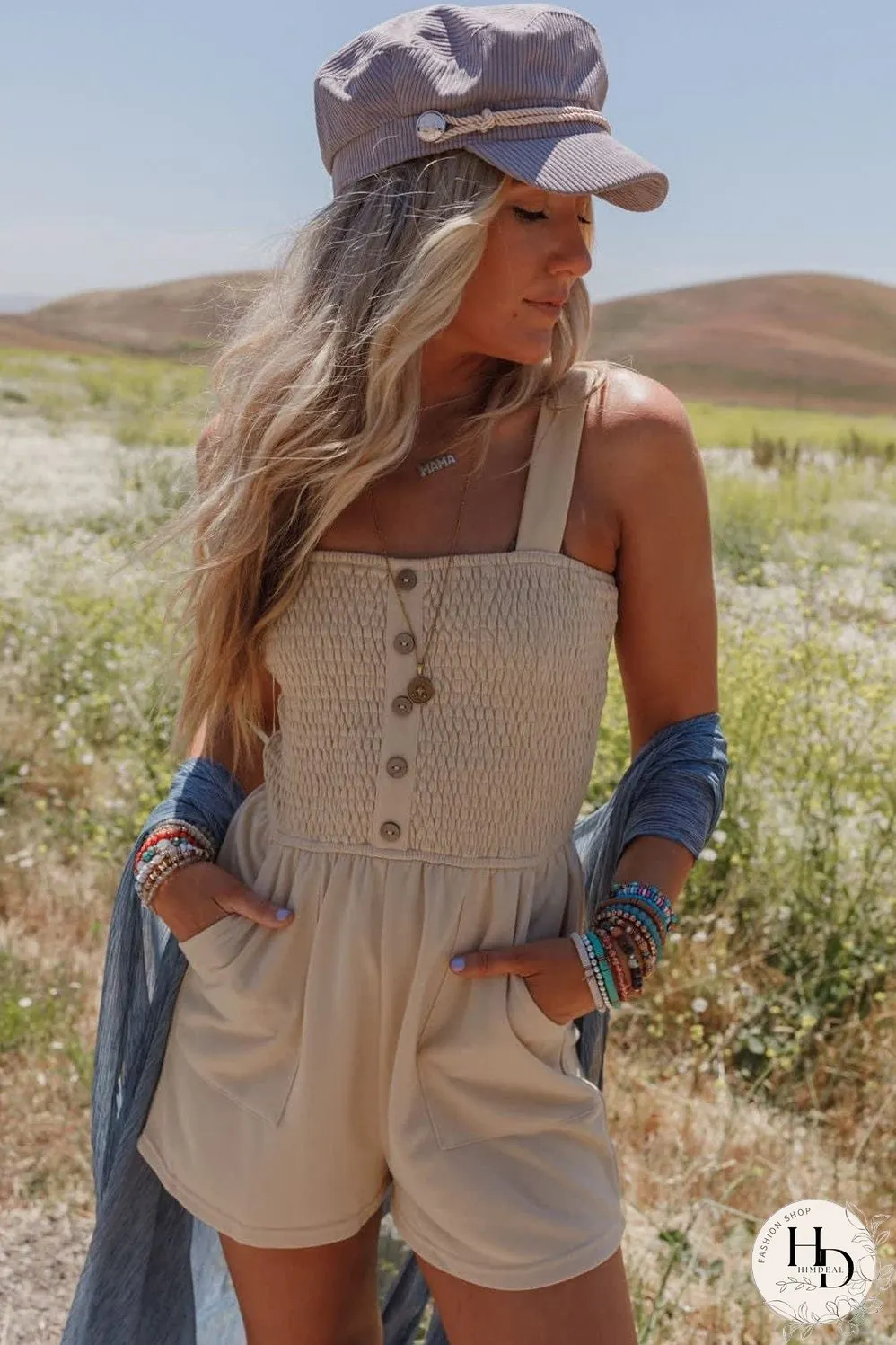 Beige Smocked Button Detail Sleeveless Romper