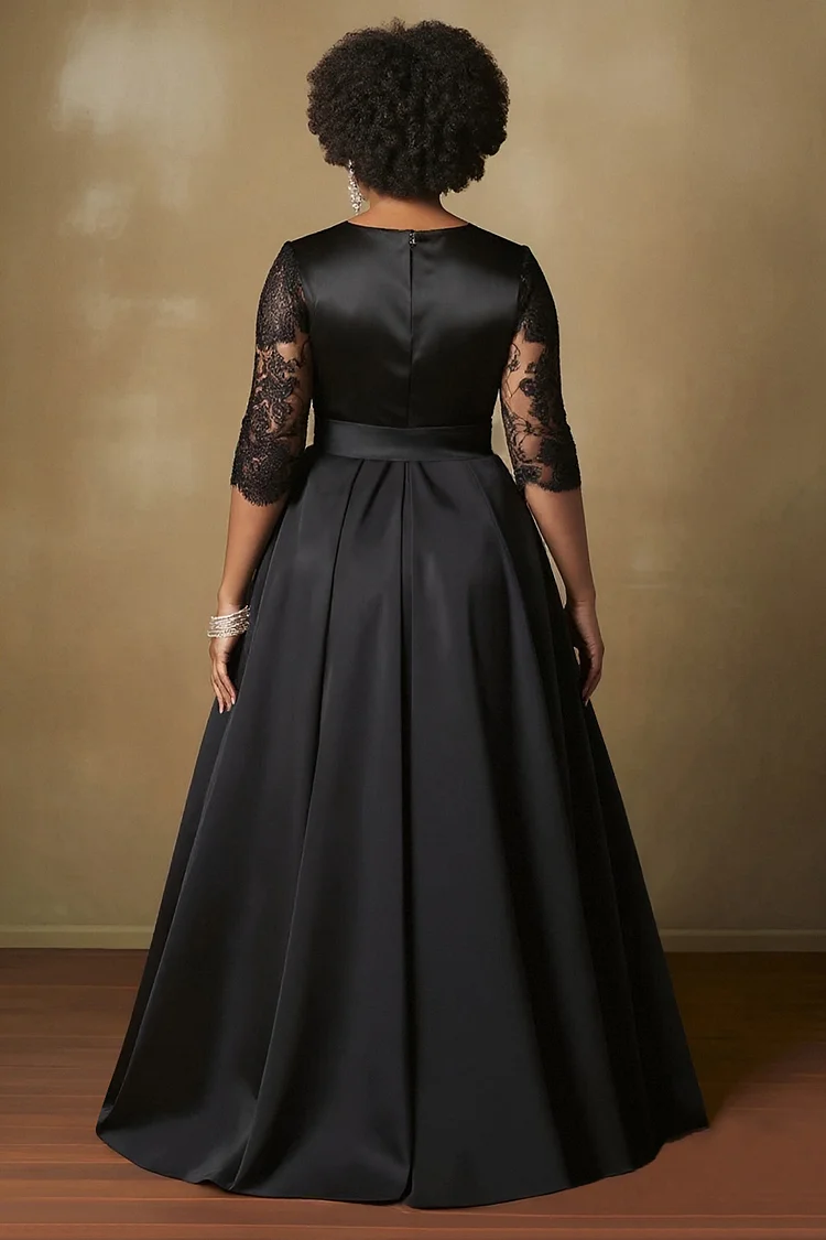 Xpluswear Design Plus Size Wedding Black V Neck Half Sleeve See Through Elegant Contrast Lace Satin Maxi Dresses [Pre-Order]