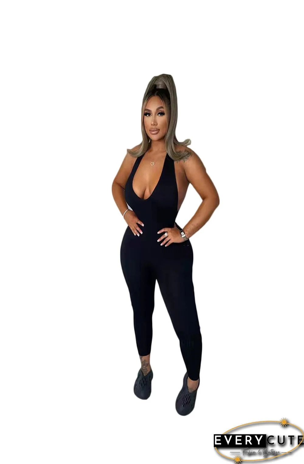 Solid Bodycon Halter Backless Sportswear Basic Jumpsuit