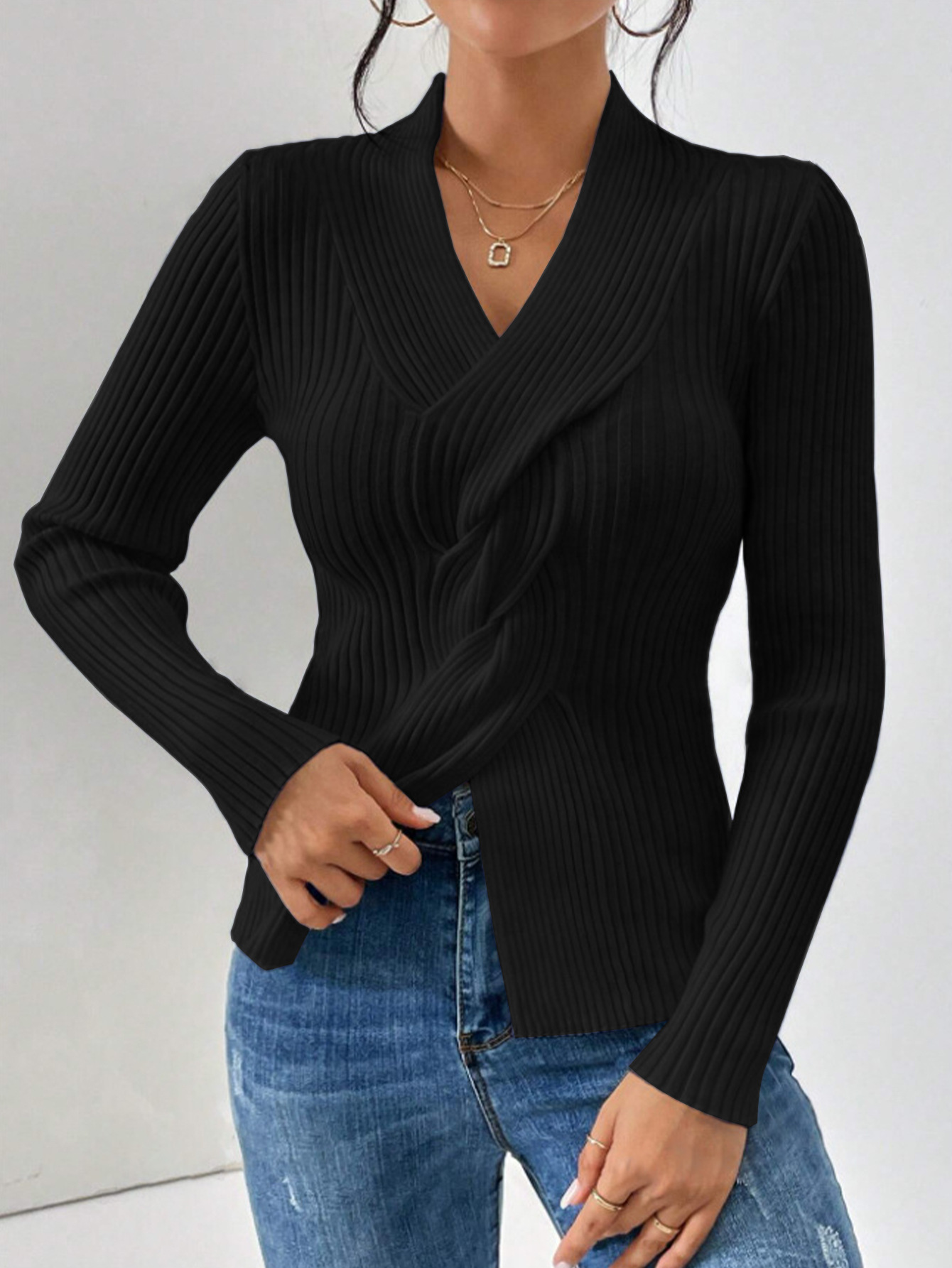 Mature Women Knitwear Thread Slit Hemline At Hem Long Sleeve Solid Color Slim Fit Sweater