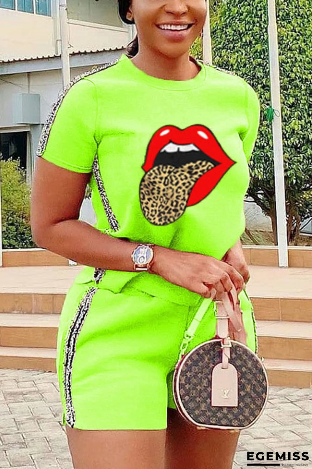 Fluorescent green Fashion Casual Printed Short Sleeve Top Sports Set | EGEMISS
