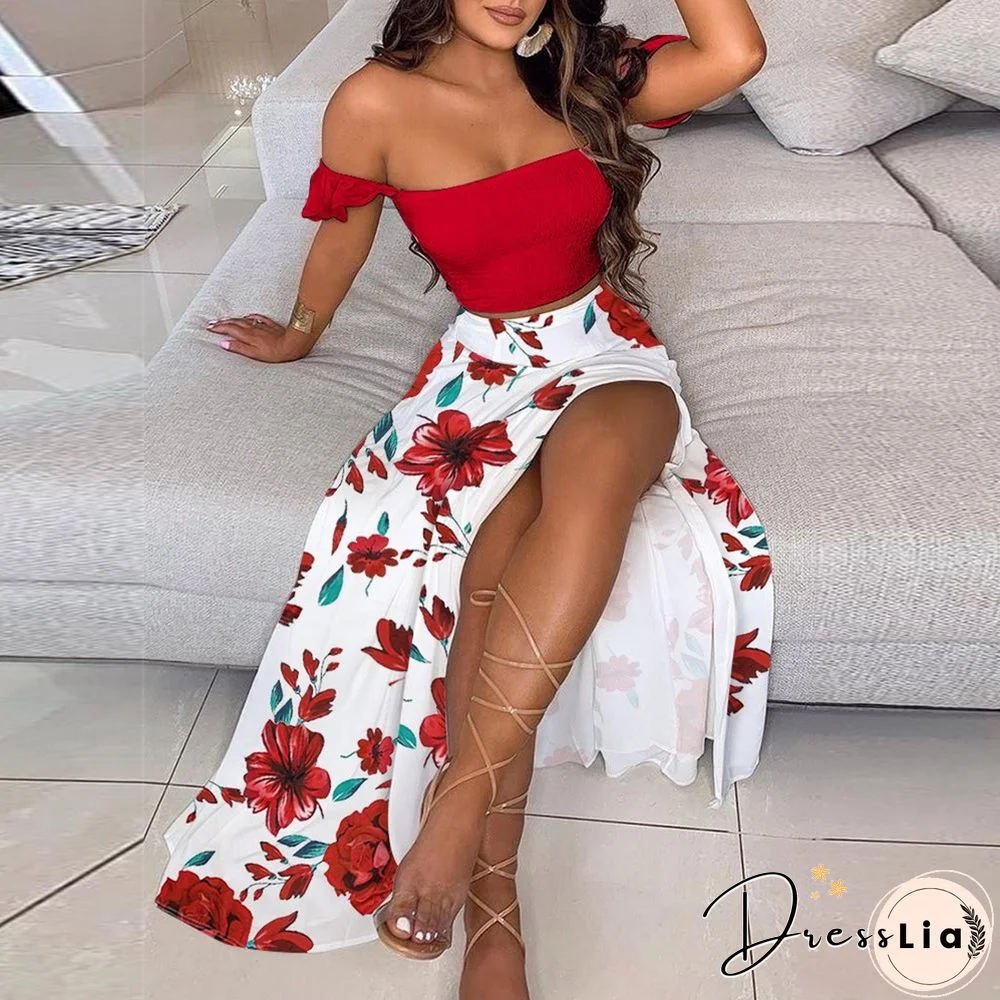 Summer Women's Two-Piece Oversized Fashion Strapless Boho Printed Long Skirt