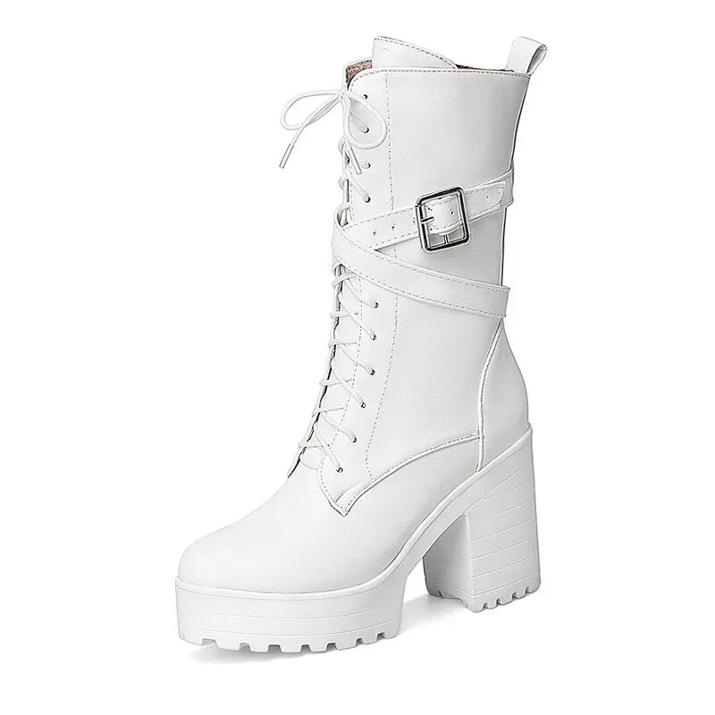 Gdgydh Women Mid-calf Boots Round Toe Thick High Heel Platform Shoes Soft Leather Punk Female Motorcycle Boots Plus Size 34-43
