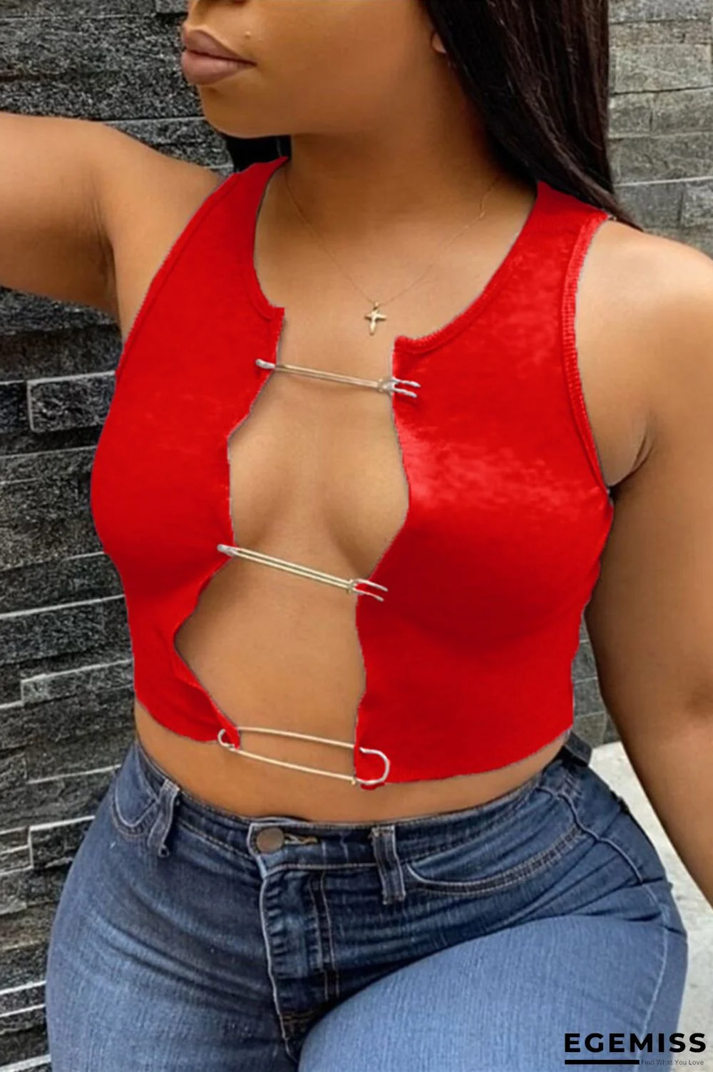 Red Fashion Sexy Spaghetti Strap Sleeveless Spaghetti Strap Short Solid Tops | EGEMISS
