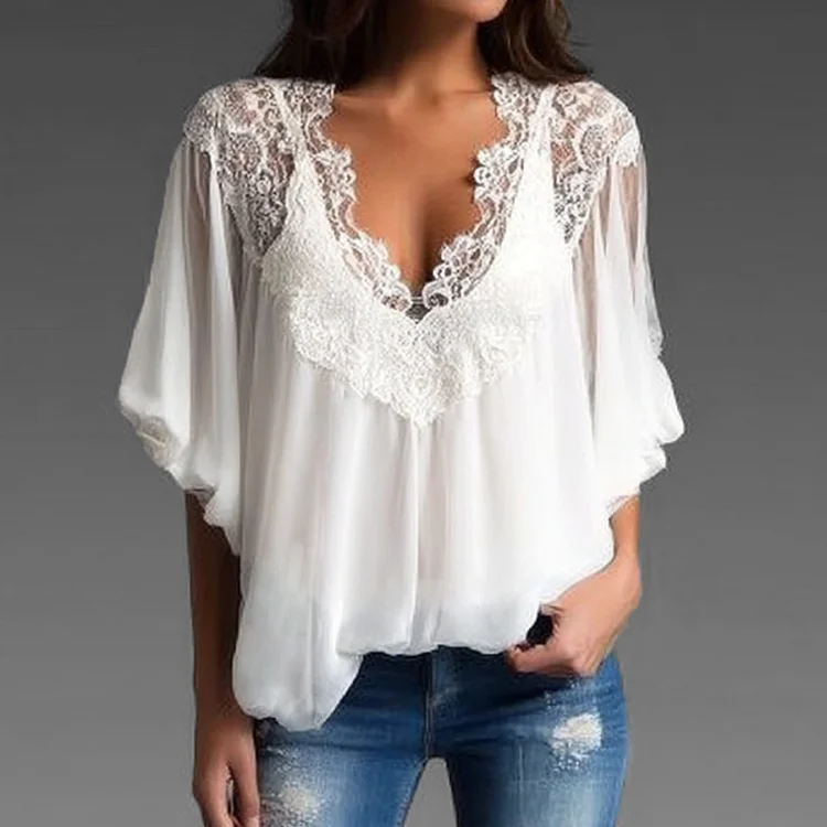 Ursime Casual Lace Deep V Neck Batwing Sleeve Blouse