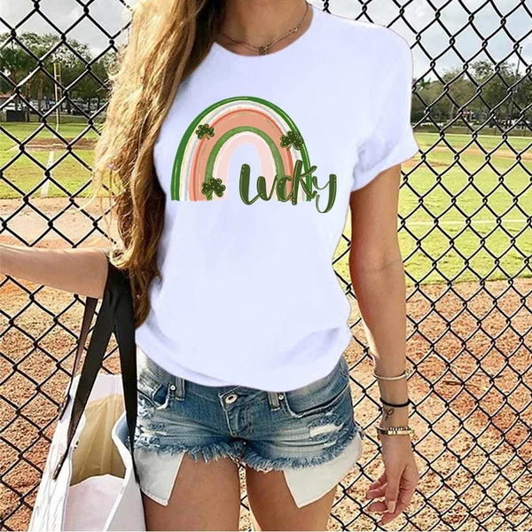 Fashion Funny Saint Patrick's Day Printed T-shirts Women Summer Casual Short Sleeved T-shirts Round Neck Tops