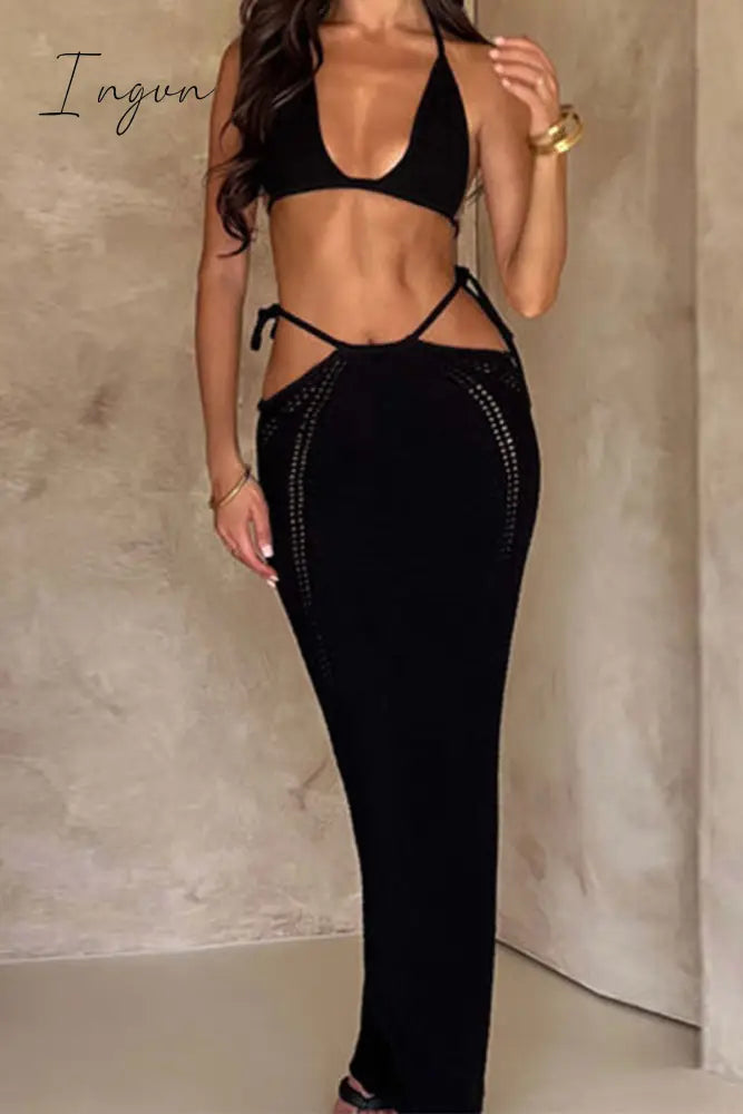 Ingvn - Sexy Vacation Solid Backless Strap Design Halter Sleeveless Two Pieces Black / S