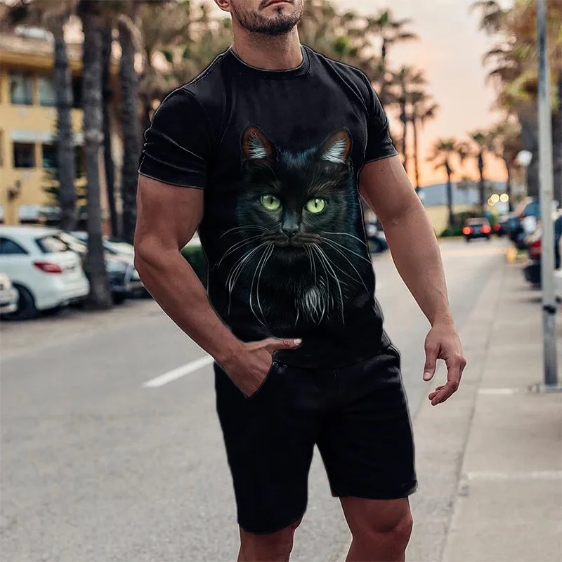 黑色 Men's black cat print round collar short sleeve suit.jpg