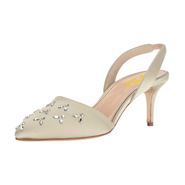 Beige Almond Toe Rhinestone Stiletto Heel Slingback Wedding Pumps |FSJ Shoes