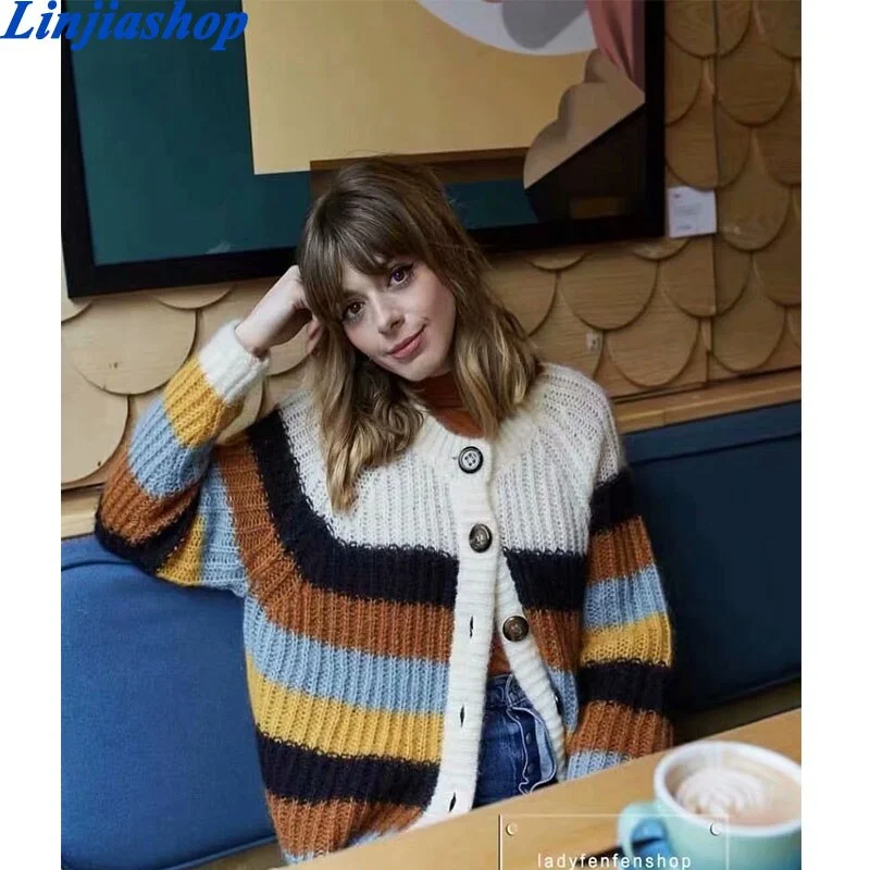 Autumn winter new knitted cardigan women vintage stripe o neck women's sweater coat loose soft cardigan jacket mujer